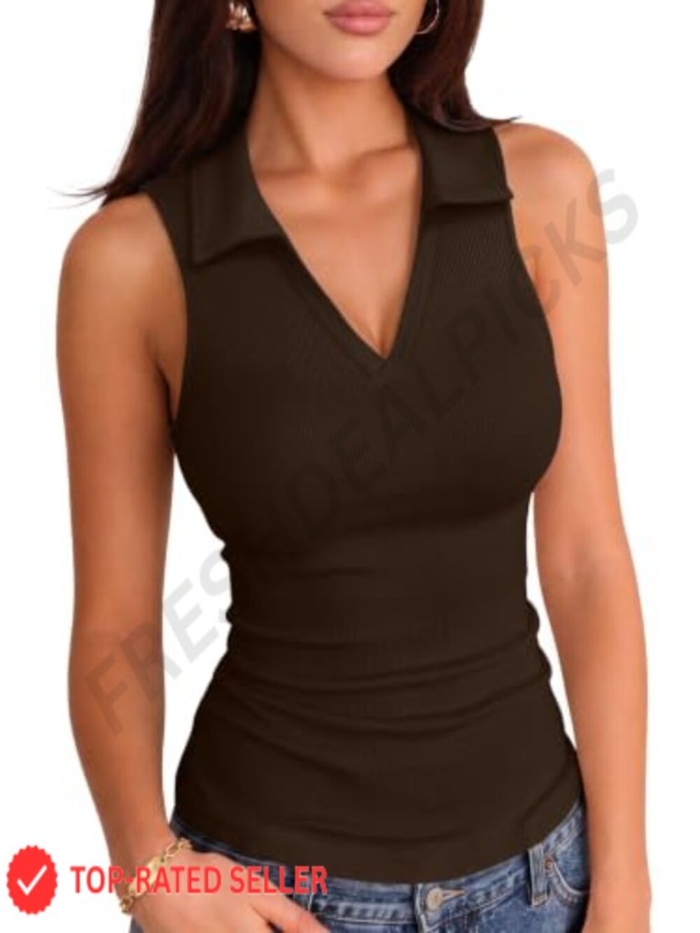 Ribbed Knit Collared V-Neck Fitted Polo Tank Top Sleeveless Summer